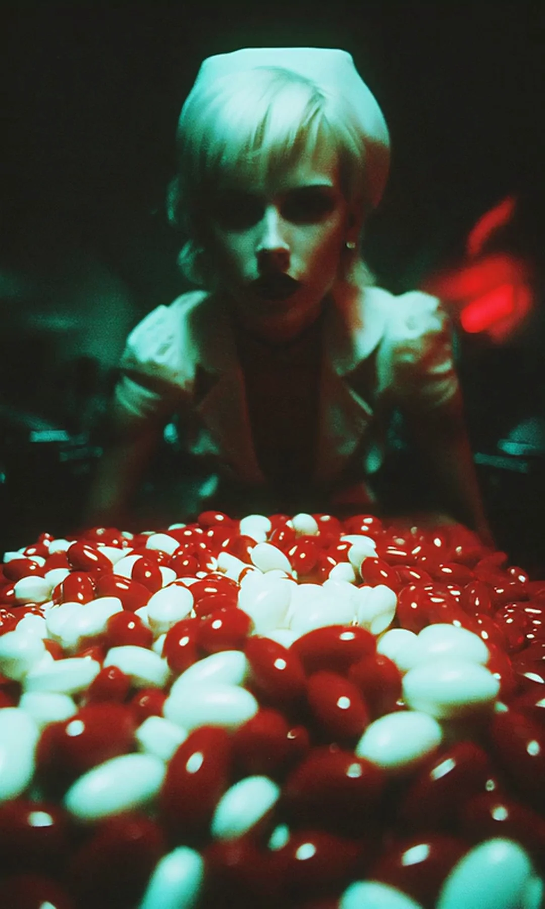 Vintage 70s grindhouse still of a platinum-blonde nurse hunched over a heaping pile of red and white capsules, mouth slightly open. Sickly green spill light, red bokeh, grainy expired-film color. Motion: slow push-in, pills shift faintly, eyes flick, grainy flicker, light bleed pulses.