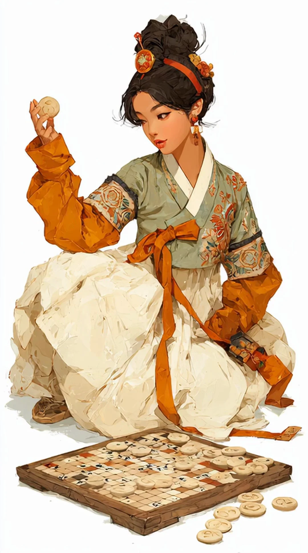 Illustrated portrait of a woman in an embroidered green and burnt-orange hanbok kneeling beside a worn wooden Go board, holding a stone aloft. Painterly watercolor textures, white background, calm classical mood. Motion: slow micro zoom, hand lowers the stone, sleeve sways, faint blink.