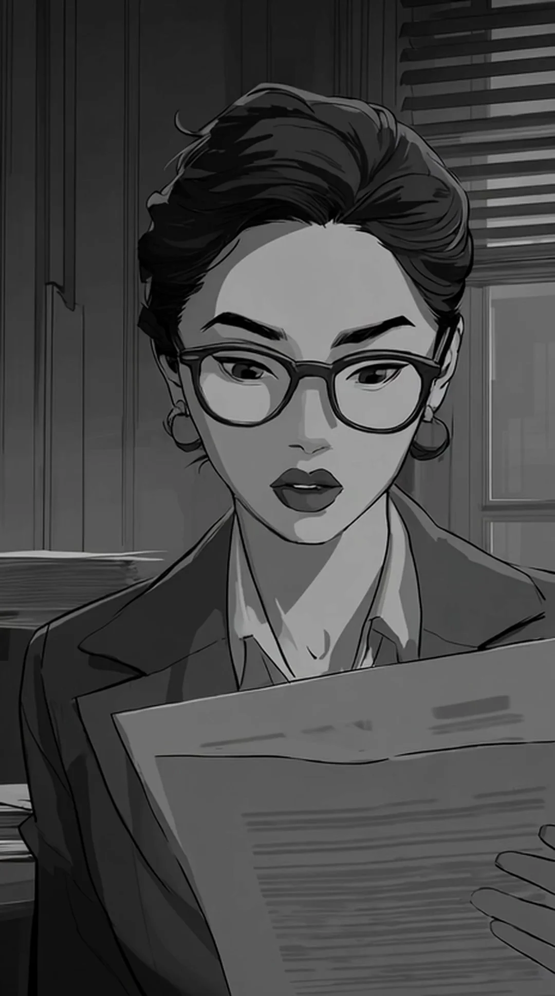 Graphic-novel monochrome panel of a sharp-jawed woman in cat-eye glasses and a blazer studying a thick document by lamplight at an office desk. Heavy ink shading, noir composition. Motion: slow push-in, paper turns, eyes scan downward, lamp light flickers faintly.