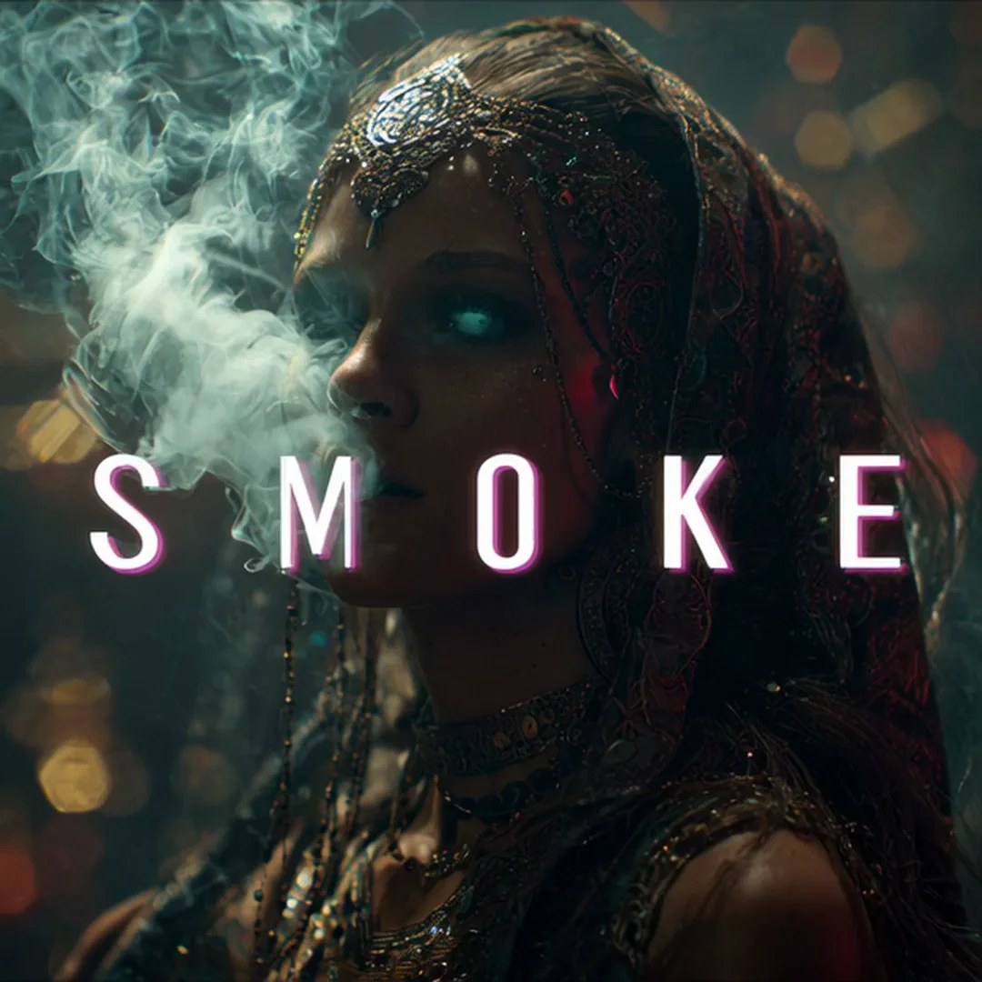 Ornate portrait of a veiled woman with intricate gold maang tikka, layered necklaces and embroidered shawl, exhaling a curl of pale smoke. Warm candlelit bokeh background, glowing 'SMOKE' text floating across the frame. Moody, mystical, editorial. Motion: smoke curls slowly upward, bokeh shimmers, micro head turn, slow blink.