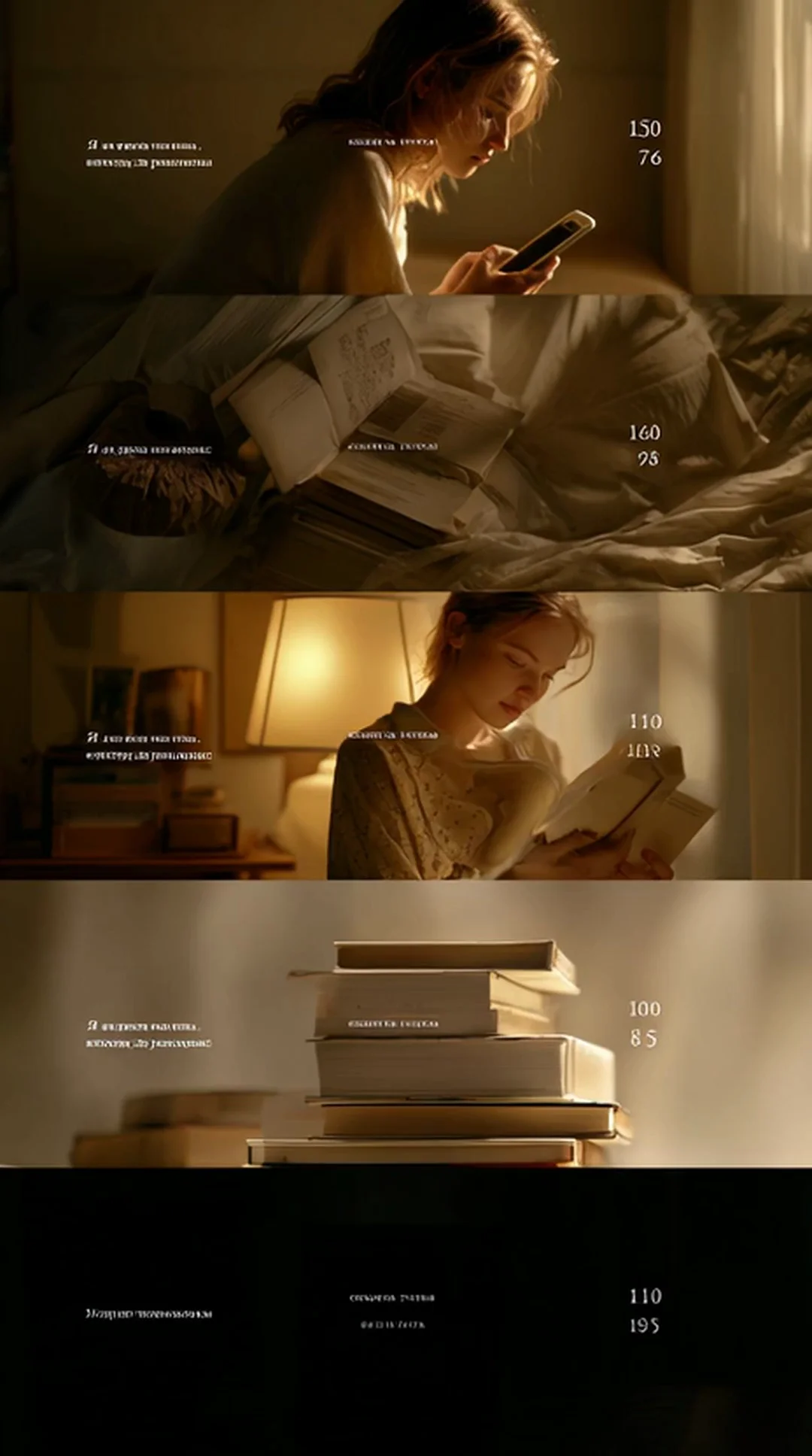 Vertical four-panel film-still collage of a young woman in soft golden lamplight — scrolling on her phone, surrounded by open books in bed, reading at a desk, a final still life of stacked novels. Warm intimate slice-of-life. Motion: each panel loops a tiny gesture — page turns, phone glow pulses, lamp flicker.