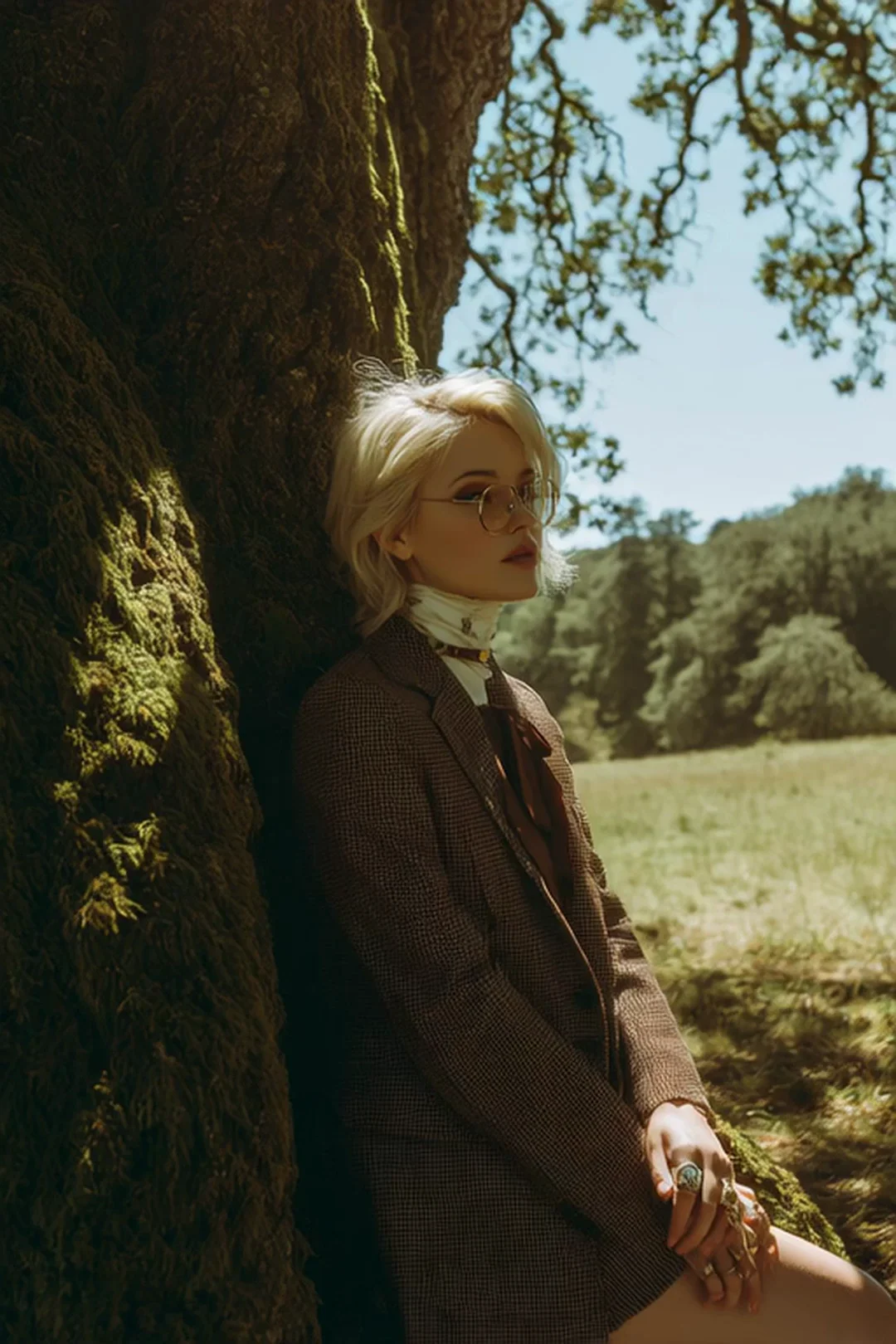 Portrait of a platinum-blonde woman in round wire glasses and a tweed blazer reclining against a massive mossy oak in a sun-drenched meadow. Warm side light catches the moss texture, retro academic styling. Motion: leaves overhead sway, dappled light shifts across her face, slow blink, hair lifts in breeze.