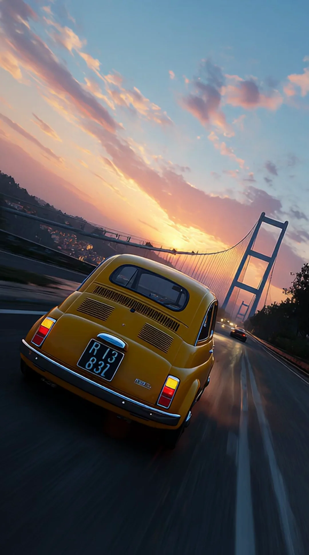 Low rear three-quarter of a mustard-yellow Fiat 500 racing along a coastal highway toward a long suspension bridge at sunset. Pink-and-blue sky, motion-blurred road, nostalgic Italian road-trip energy. Motion: car speeds away, road blurs past, taillights pulse, clouds drift across the sky.
