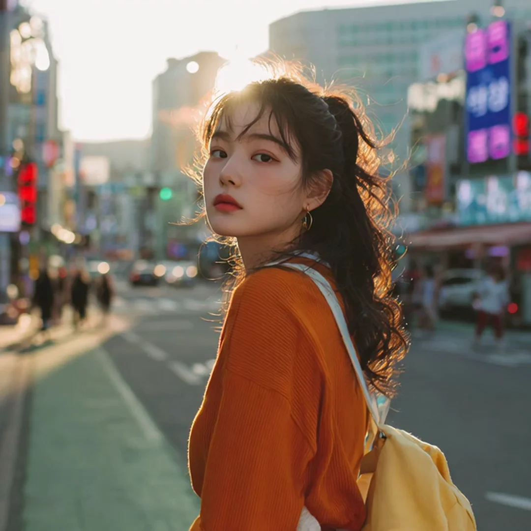 A young Korean woman in a burnt-orange knit sweater glances over her shoulder in the middle of a Seoul street at golden hour, hair catching the low sun. Shallow telephoto, busy bokeh of neon signs and storefronts. Motion: slow push-in, hair lifts in breeze, distant pedestrians drift past, bokeh shimmers.
