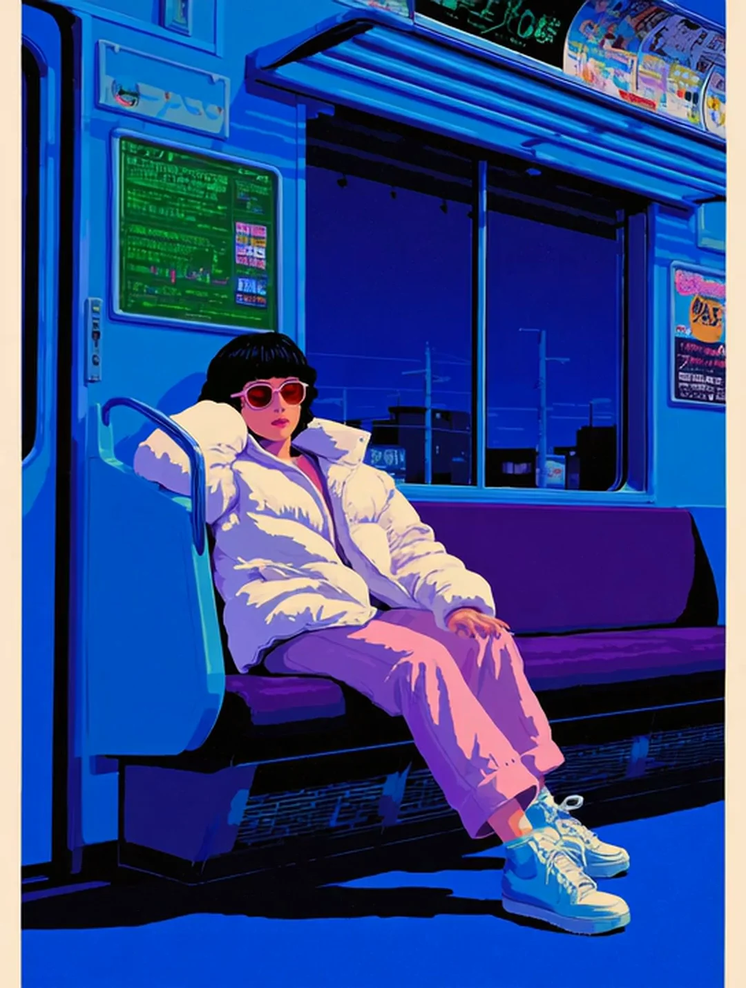 A young woman in a puffy white jacket, pink jeans and oversized pink sunglasses reclines on a subway bench at night. Flat-shaded retro illustration, electric blues and magentas, late-80s anime city-pop mood. Motion: subtle parallax of the moving train, ad-screen pulses, hair drifts as the carriage rocks.