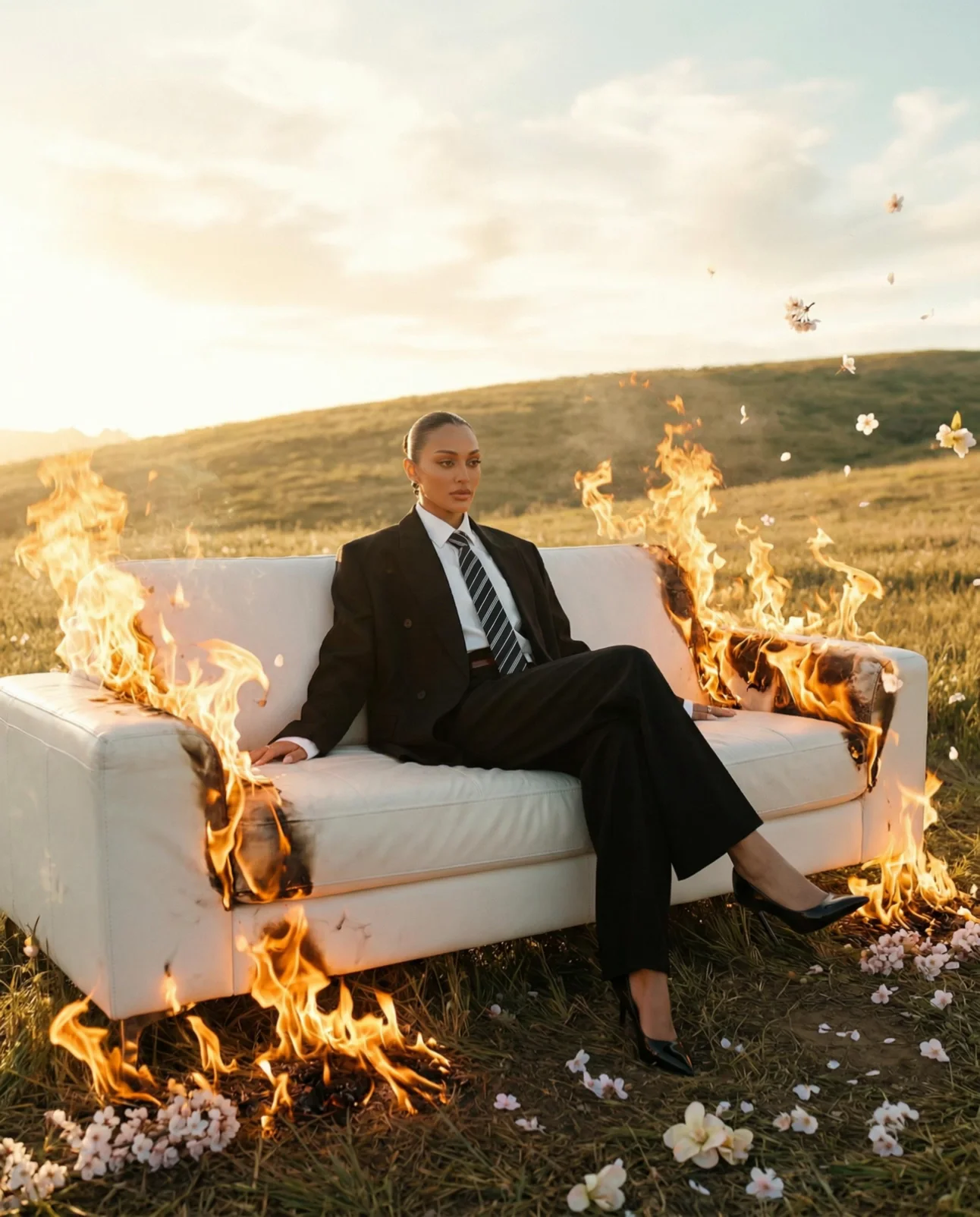 A poised woman in a sharp black suit and striped tie sits cross-legged on a pristine white sofa engulfed in licking orange flames, set on a sunlit grassy hill. Cherry blossom petals drift across warm volumetric backlight as embers curl in slow motion. Surreal high-fashion editorial — defiant, serene, cinematic. Motion: slow push-in, flames lick and flicker, petals drift past camera, faint head turn.