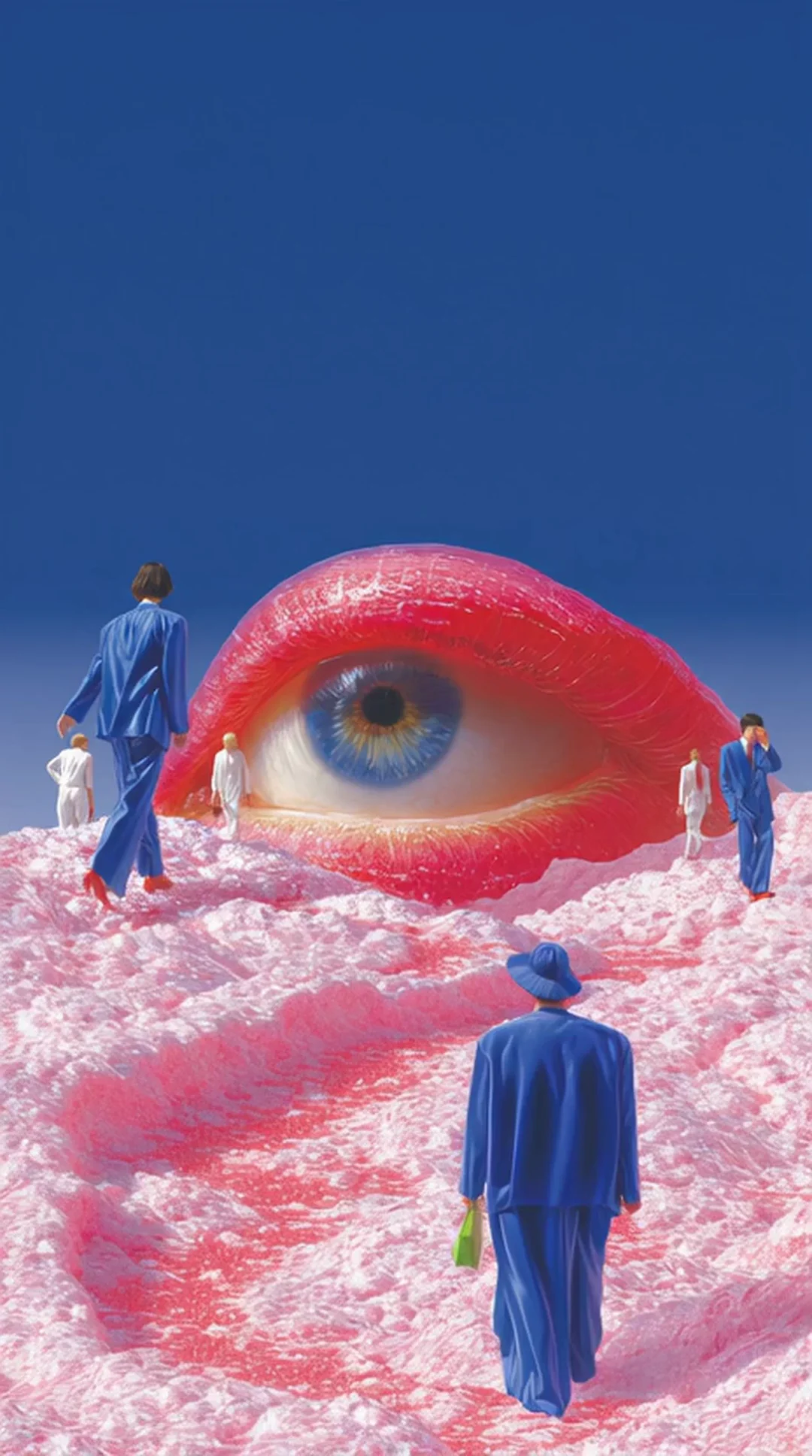 Suited figures wander across pink quilted dunes toward a colossal sculpture shaped like red lips fused with a giant blue eye. Surreal collage aesthetic, flat saturated palette, dreamlike scale shifts under a deep cobalt sky. Motion: figures walk slowly forward, eye blinks once, dunes ripple gently as if breathing.