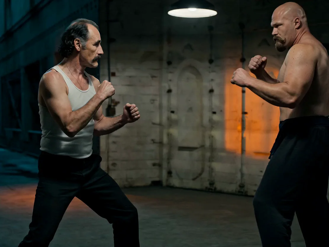 Two shirtless fighters brawl under a single overhead industrial lamp in a dim concrete warehouse. A wiry older man blocks a heavy punch from a bald, muscle-bound opponent. Hard top light, cold teal shadows, gritty cinematic action. Motion: tense slow-motion exchange, sweat sprays, lamp swings, dust hangs in the beam.