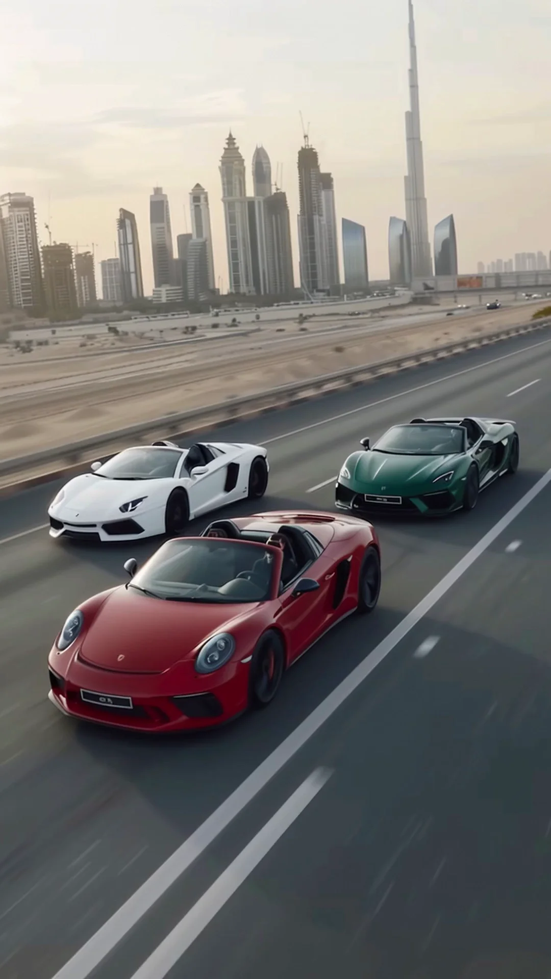 Three exotic sports cars — a red Porsche, white Lamborghini, green McLaren — cruise down a wide Dubai highway with the Burj Khalifa skyline rising in the hazy distance. Low aerial drone shot, motion-blurred asphalt, polished commercial sheen. Motion: cars accelerate together, road streaks past, drone glides alongside, heat haze shimmers.