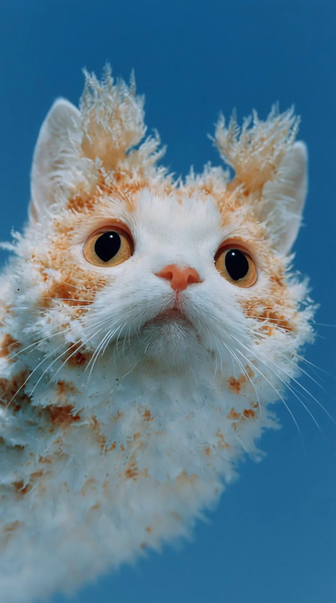 Surreal macro of a fluffy ginger-and-white kitten whose fur dissolves into delicate fern-like fronds and feathery tufts, huge amber eyes against a deep blue gradient. Whimsical, dreamy, ultra-detailed. Motion: slow push-in, fern-fur tendrils sway gently, kitten blinks once, ears twitch.