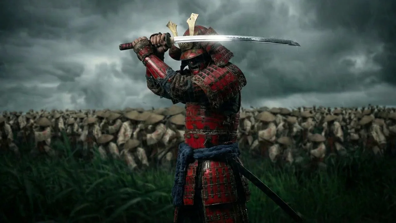A red-armored samurai raises a katana overhead in a wide grass field, a vast army of straw-hatted ashigaru massed behind him under a stormy sky. Cinematic prestige-film color grade, heavy clouds, epic scale. Motion: blade rises, wind whips grass, clouds churn, distant army surges slowly forward.
