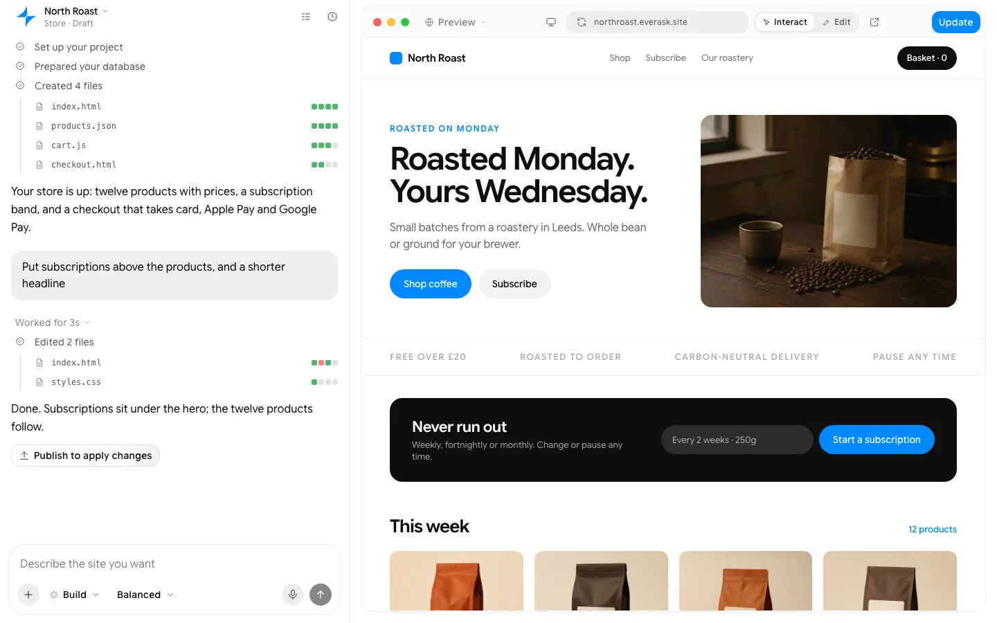 AI ecommerce website builder: the finished page in EverAsk
