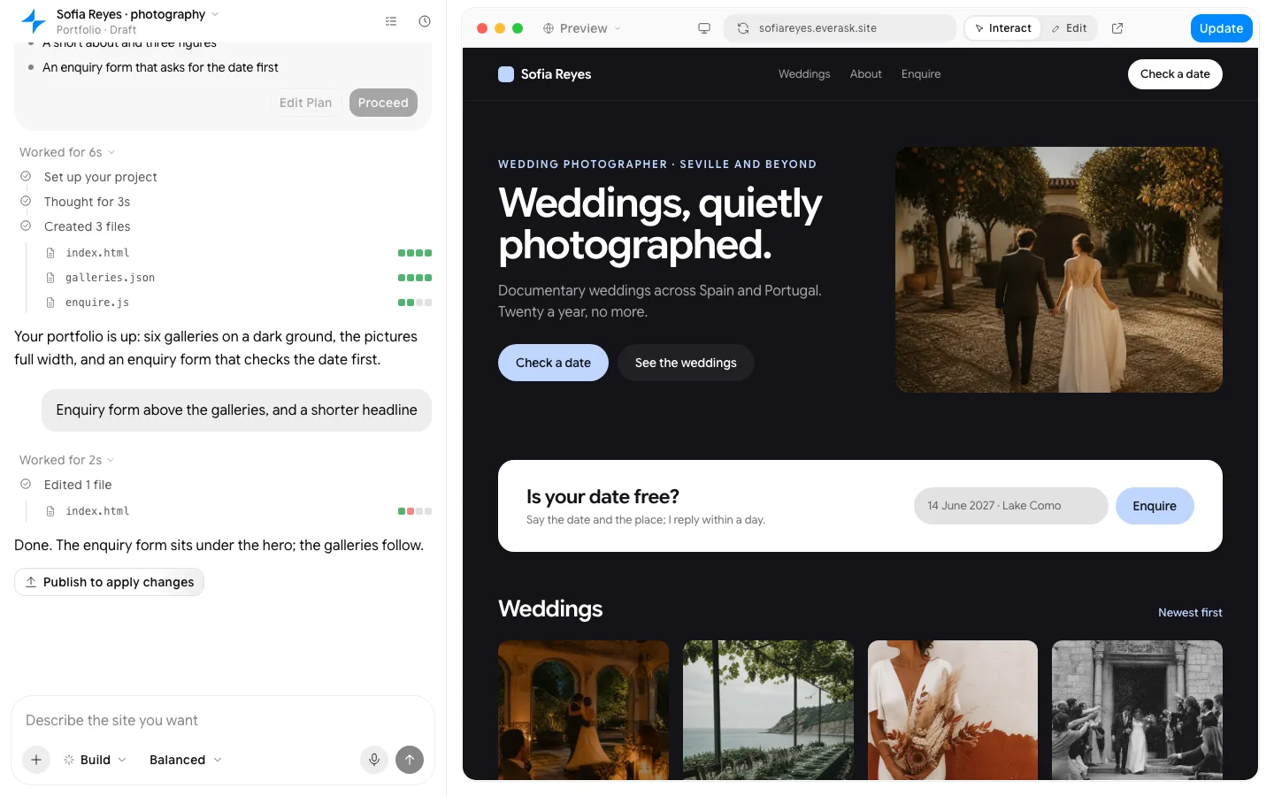 AI portfolio website: the finished page in EverAsk