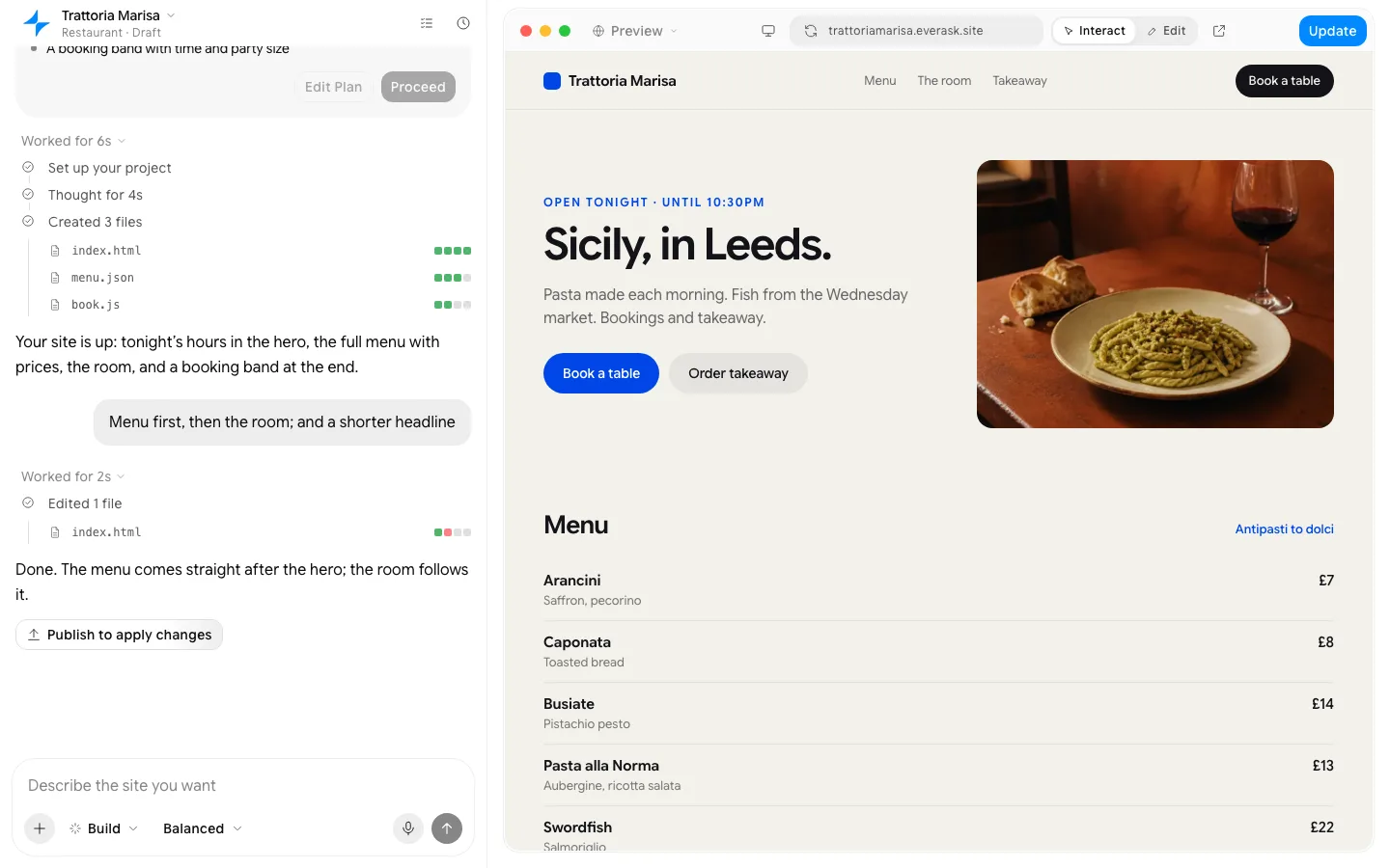 AI restaurant website builder: the finished page in EverAsk