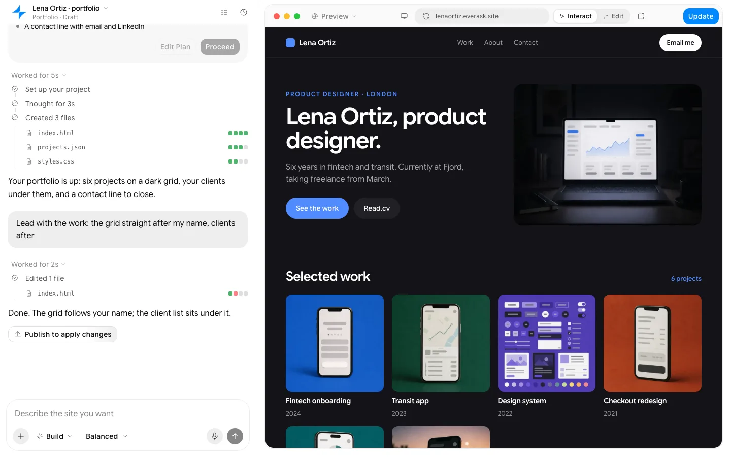 Portfolio website template: the finished page in EverAsk