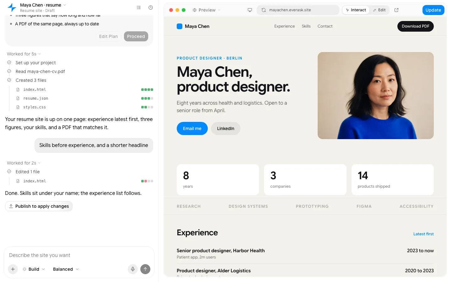 Resume website template: the finished page in EverAsk