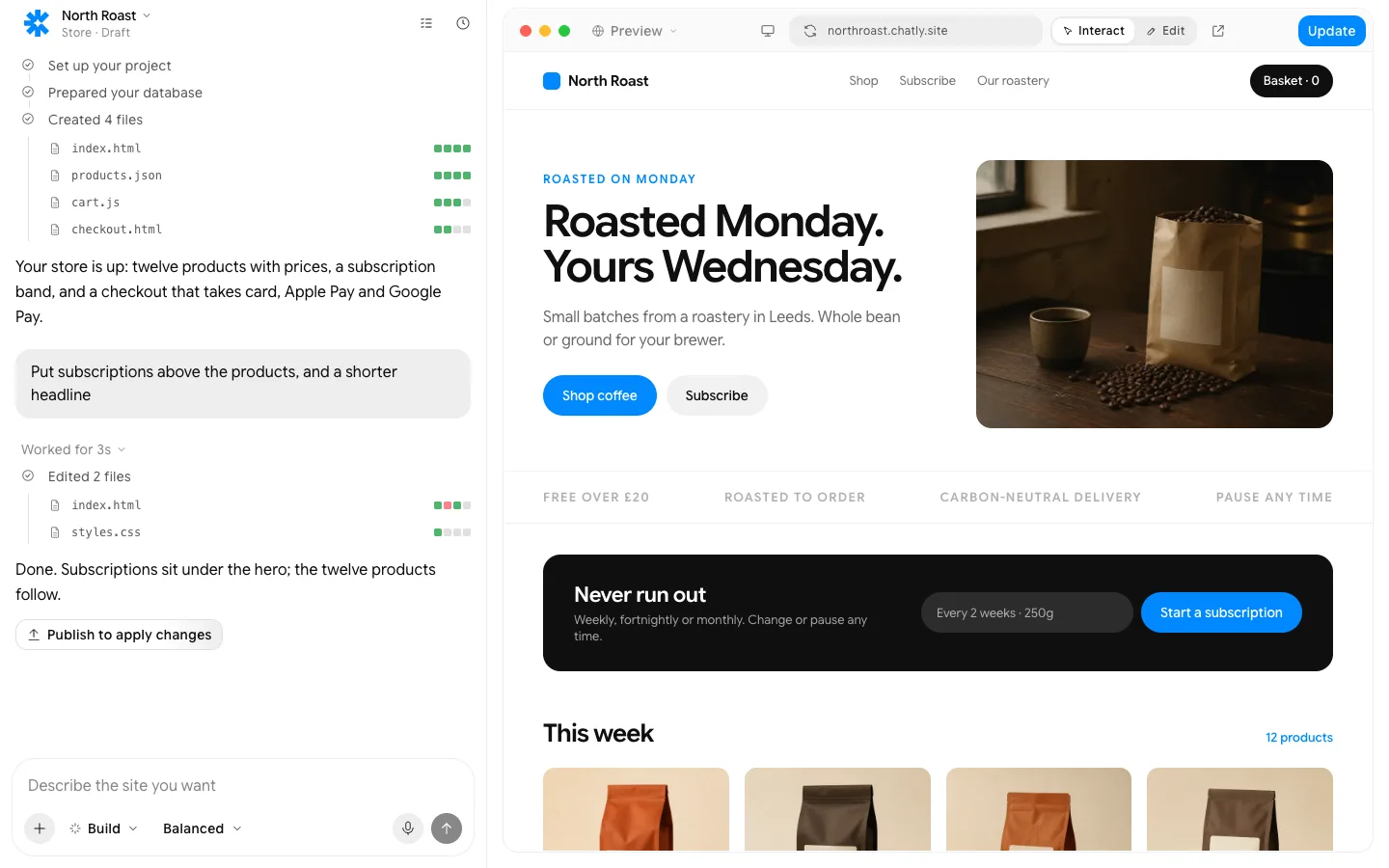 AI ecommerce website builder: the finished page in Chatly