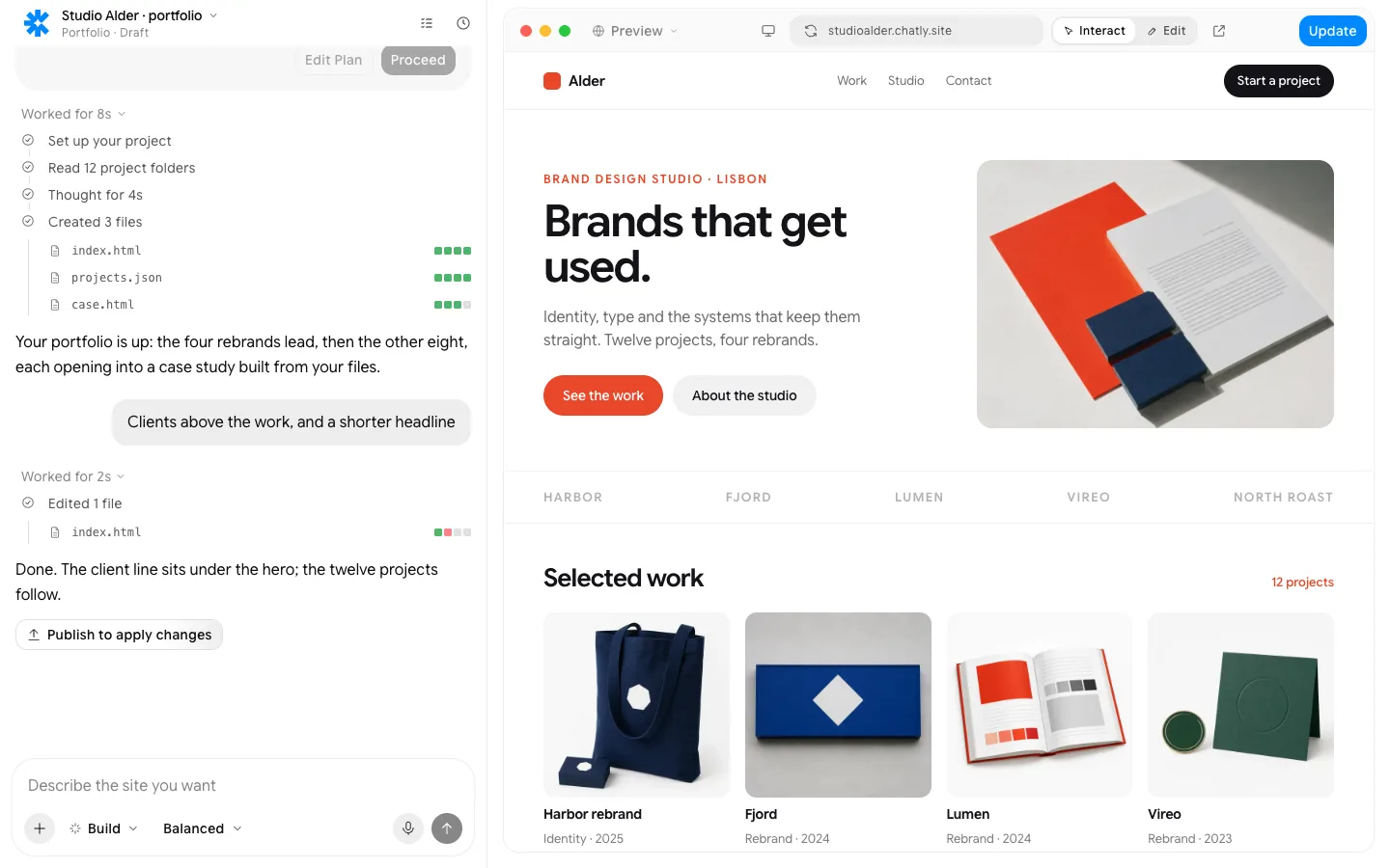 AI portfolio builder: the finished page in Chatly